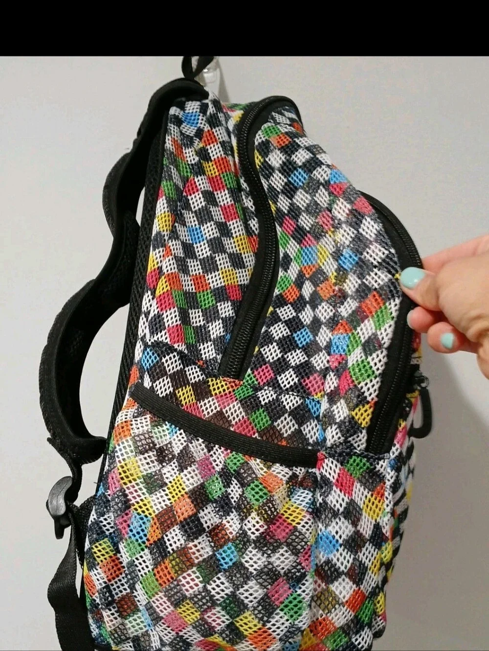 J WORLD Multi-Color Mesh Backpack Checker Geometric Print Bookbag Gym School